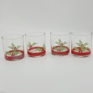 Vintage Libbey Holly & Berry Set of 4 Low Ball Rocks Glasses Christmas Tumblers